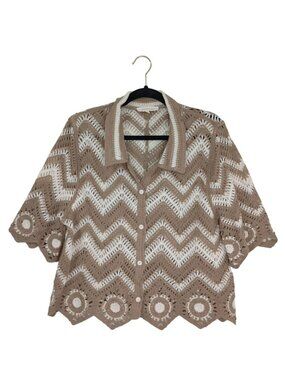 Crochet Button-Up Cardigan  Chevron Pattern & Scalloped Hemline Solitaire L